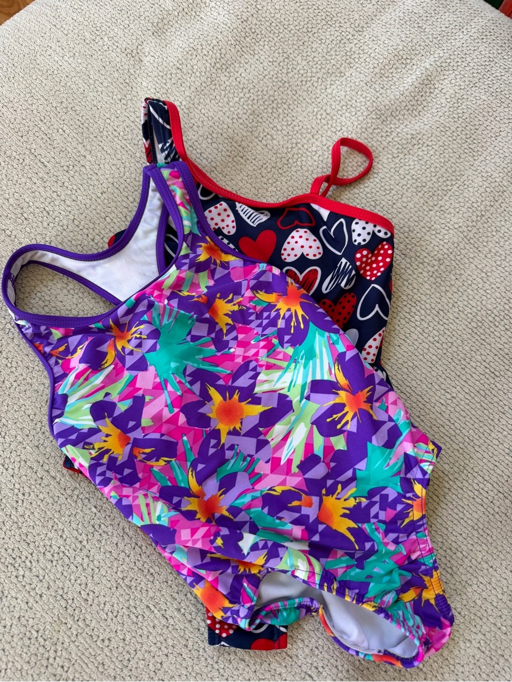 Kids One-Piece Swimsuit - Purple Tropical Print and hearts
